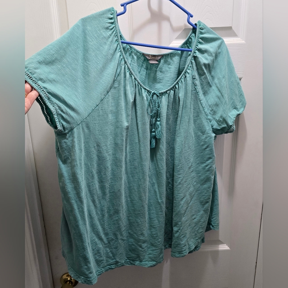 Natural Reflections Green Flutter Sleeve Tie Front Blouse